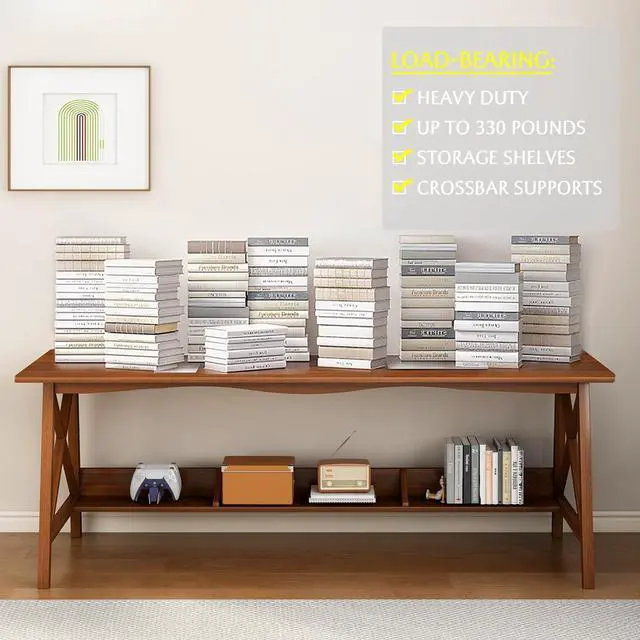 Alt view image 6 of 7 - Extra Long Desk with Bookshelf - Solid Wood Home Office Work Study Table, 2-Person Writing Computer Workstation with Storage Shelf in Oak, 63" Wx20 Dx30 H