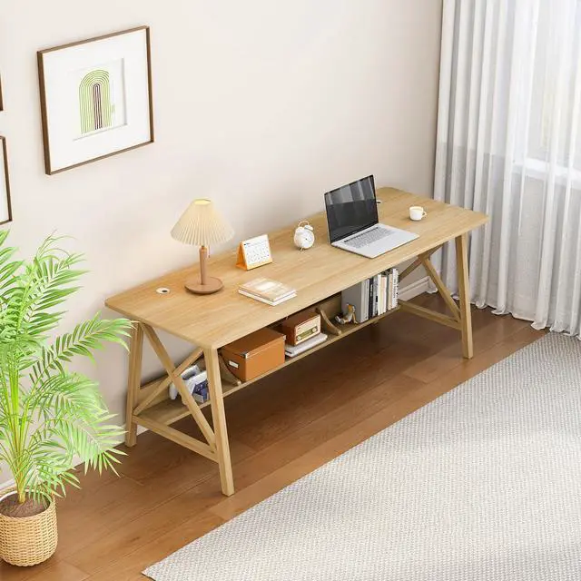 Alt view image 7 of 7 - Extra Long Desk with Bookshelf - Wooden Home Office Work Study Table, 2-Person Writing Computer Workstation with Storage Shelf in Oak, 63" Wx20 Dx30 H