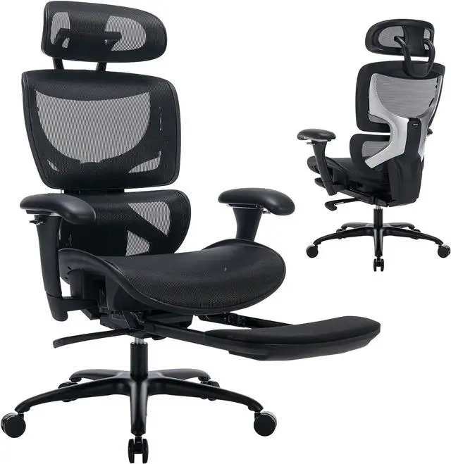 Main image of Ergonomic Mesh Office Chair with Footrest, Executive High Back Computer Desk Chair with Wide Headrest and Adjustable 3D Arms, Backrest, Tilt Lock and Lumbar Support-Black
