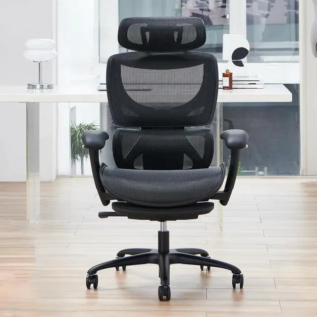 Alt view image 2 of 7 - Ergonomic Mesh Office Chair with Footrest, Executive High Back Computer Desk Chair with Wide Headrest and Adjustable 3D Arms, Backrest, Tilt Lock and Lumbar Support-Black