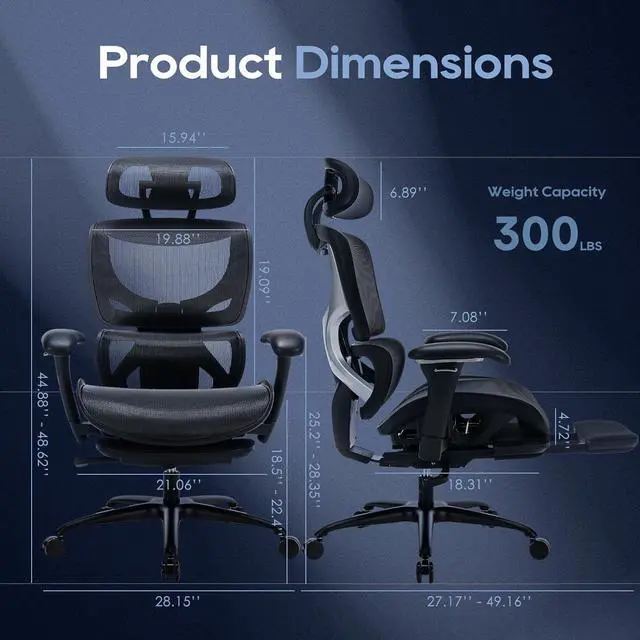 Alt view image 3 of 7 - Ergonomic Mesh Office Chair with Footrest, Executive High Back Computer Desk Chair with Wide Headrest and Adjustable 3D Arms, Backrest, Tilt Lock and Lumbar Support-Black