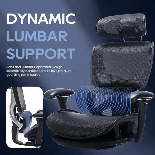 Alt view image 5 of 7 - Ergonomic Mesh Office Chair with Footrest, Executive High Back Computer Desk Chair with Wide Headrest and Adjustable 3D Arms, Backrest, Tilt Lock and Lumbar Support-Black
