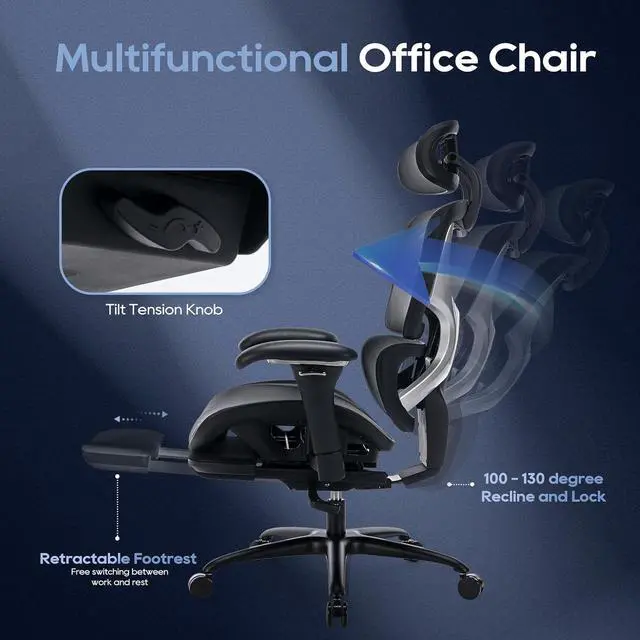Alt view image 6 of 7 - Ergonomic Mesh Office Chair with Footrest, Executive High Back Computer Desk Chair with Wide Headrest and Adjustable 3D Arms, Backrest, Tilt Lock and Lumbar Support-Black