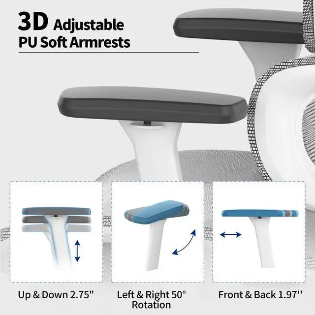 Alt view image 7 of 7 - Ergonomic Mesh Office Chair with 3D Adjustable Armrest,High Back Desk Computer Chair Ergo3d Ergonomic Office Chair with Wheels for Home & Office