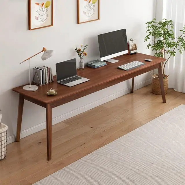 Main image of Mid-Century Long Desk Table - 63" Simple Modern Extra Long 2-Person Wood Computer Workstation for Home Office Work in Walnut, 63" W x 20" D