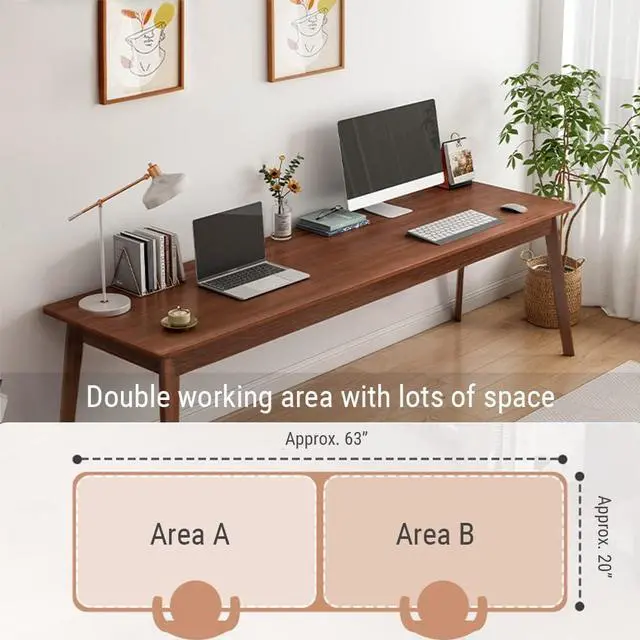 Alt view image 2 of 7 - Mid-Century Long Desk Table - 63" Simple Modern Extra Long 2-Person Wood Computer Workstation for Home Office Work in Walnut, 63" W x 20" D