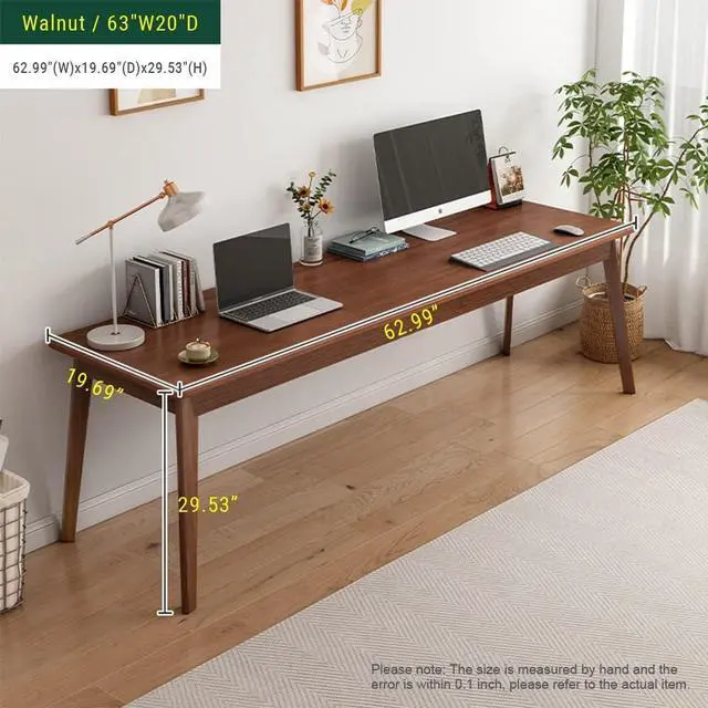 Alt view image 5 of 7 - Mid-Century Long Desk Table - 63" Simple Modern Extra Long 2-Person Wood Computer Workstation for Home Office Work in Walnut, 63" W x 20" D