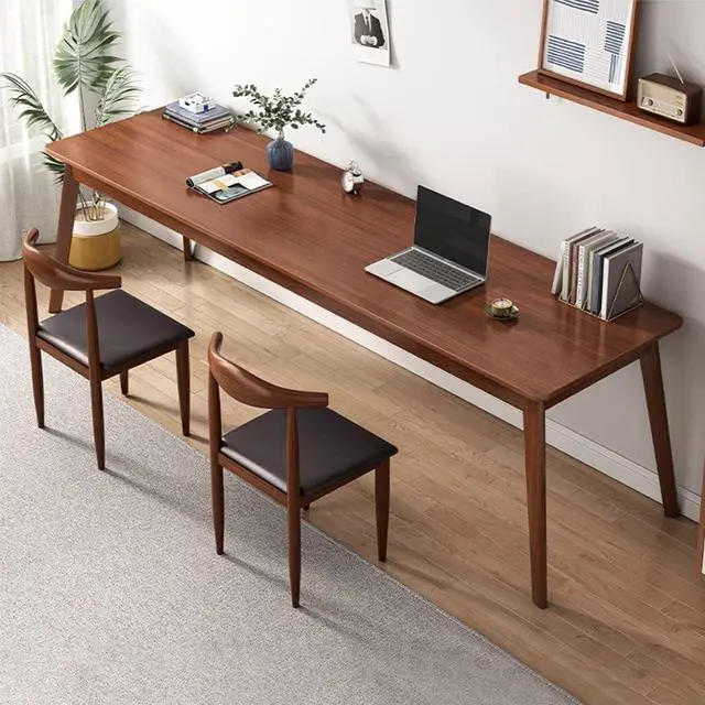 Alt view image 6 of 7 - Mid-Century Long Desk Table - 63" Simple Modern Extra Long 2-Person Wood Computer Workstation for Home Office Work in Walnut, 63" W x 20" D