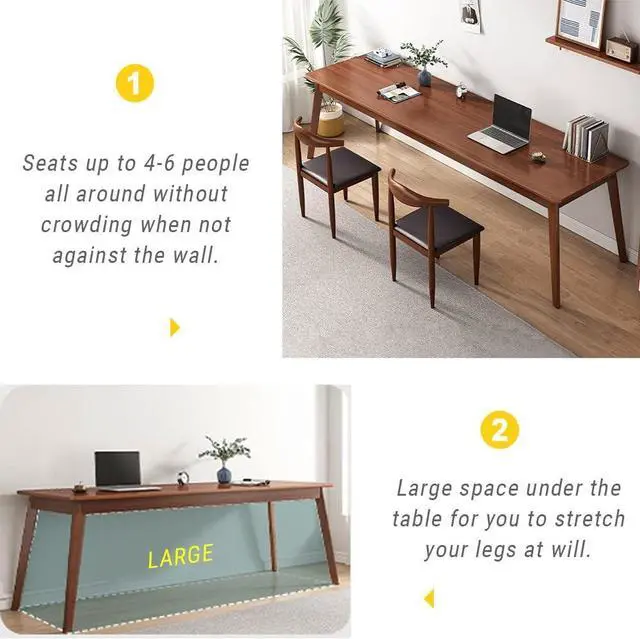 Alt view image 7 of 7 - Mid-Century Long Desk Table - 63" Simple Modern Extra Long 2-Person Wood Computer Workstation for Home Office Work in Walnut, 63" W x 20" D