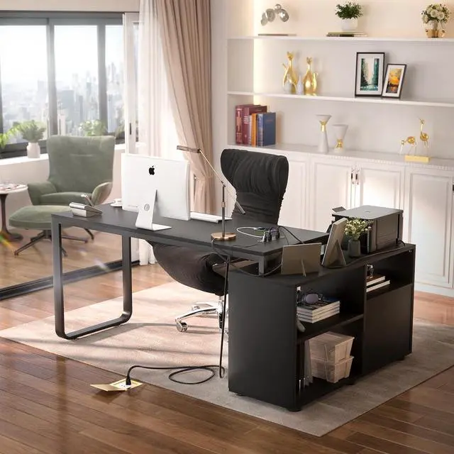 Alt view image 2 of 7 - Homieasy L Shaped Desk with File Cabinet & Power Outlet, Reversible 55 Inch Large Corner Computer Desks with LED Strip, L-Shaped Computer Desk with Drawers and Storage Shelves, Black