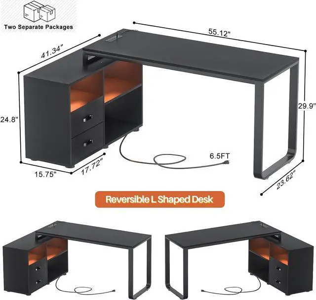 Alt view image 3 of 7 - Homieasy L Shaped Desk with File Cabinet & Power Outlet, Reversible 55 Inch Large Corner Computer Desks with LED Strip, L-Shaped Computer Desk with Drawers and Storage Shelves, Black