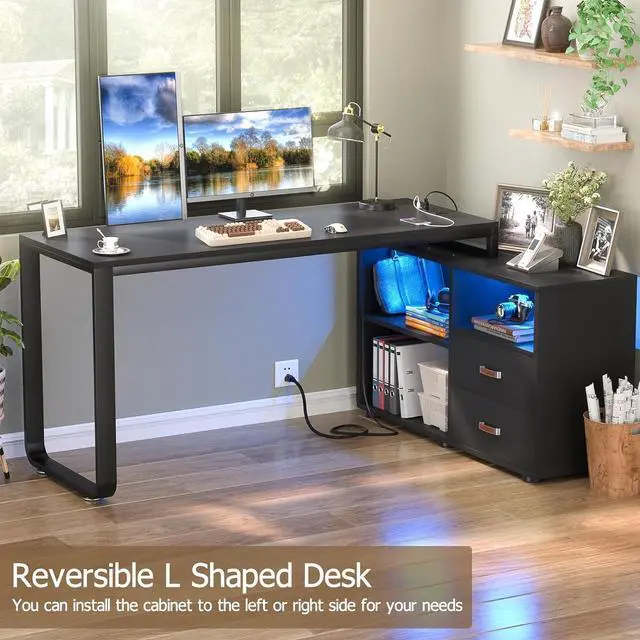 Alt view image 4 of 7 - Homieasy L Shaped Desk with File Cabinet & Power Outlet, Reversible 55 Inch Large Corner Computer Desks with LED Strip, L-Shaped Computer Desk with Drawers and Storage Shelves, Black