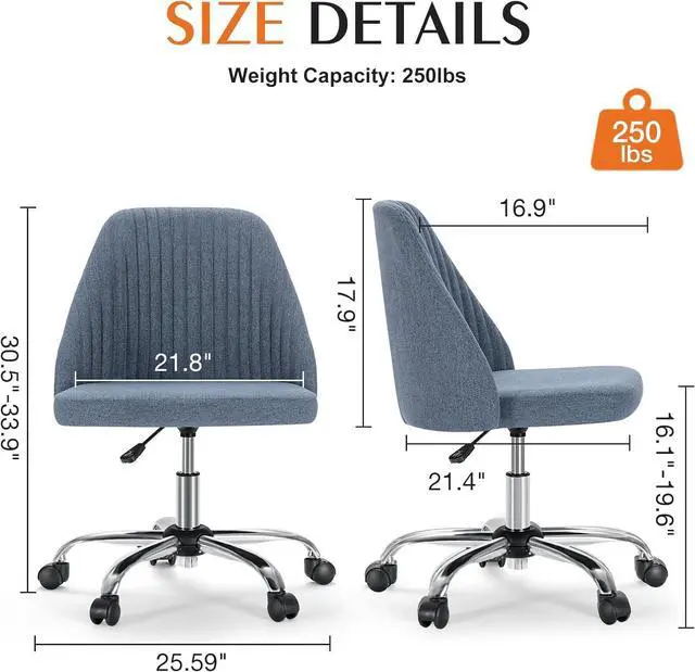 Alt view image 2 of 7 - Sweetcrispy Armless Office Chair Cute Desk Chair, Modern Fabric Home Office Desk Chairs with Wheels Adjustable Swivel Task Computer Vanity Chair for Small Spaces