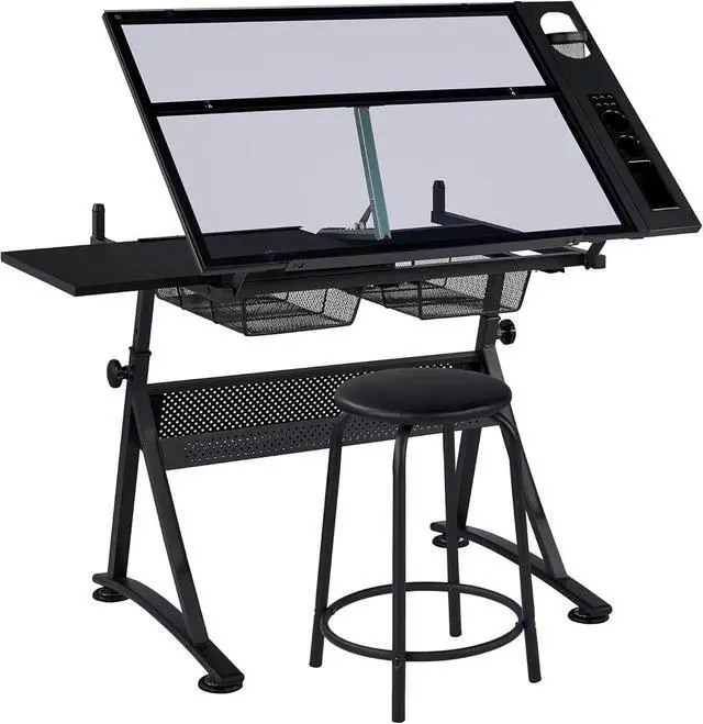 Main image of Yaheetech Drafting Table w/Stool Height Adjustable Multifunctional Art Craft Artists Desk Tilting Glass Tabletop Diamond Paintings Work Station w/2 Storage Drawers for Home Office