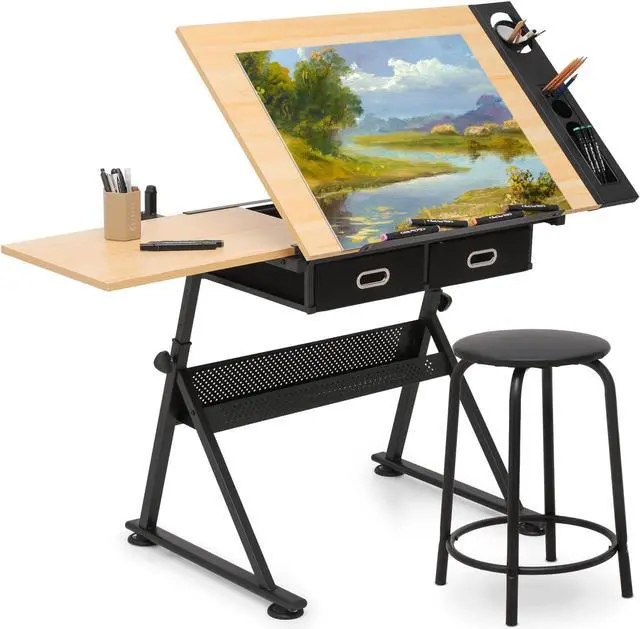Main image of Magshion Drafting Table Set Adjustable Height Artist Desk with Tilting Wooden Tabletop and Sliding Desktop, Multifunctional Art Desk with Stool and 2 Storage Drawers for Home Office School (Natural)