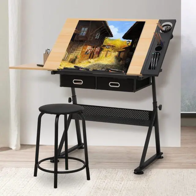 Alt view image 2 of 7 - Magshion Drafting Table Set Adjustable Height Artist Desk with Tilting Wooden Tabletop and Sliding Desktop, Multifunctional Art Desk with Stool and 2 Storage Drawers for Home Office School (Natural)