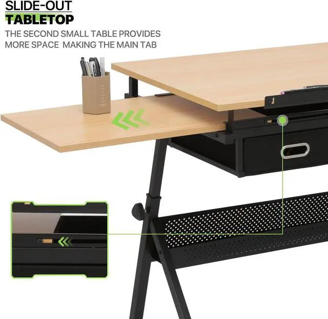 Alt view image 6 of 7 - Magshion Drafting Table Set Adjustable Height Artist Desk with Tilting Wooden Tabletop and Sliding Desktop, Multifunctional Art Desk with Stool and 2 Storage Drawers for Home Office School (Natural)