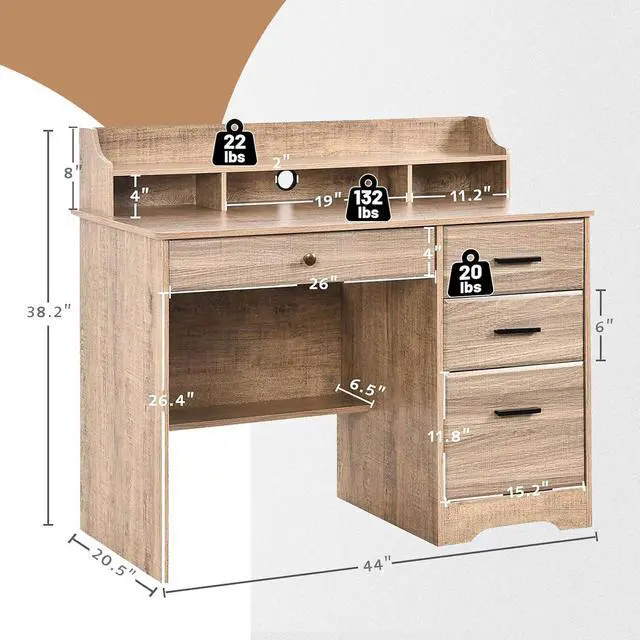 Alt view image 3 of 7 - Catrimown Computer Desk with Drawers and Hutch, Wood Executive Desks for Home Office Bedrooms Desk Student Teen Writing Laptop Table, Small Desk with File Drawer for Small Places, Grey