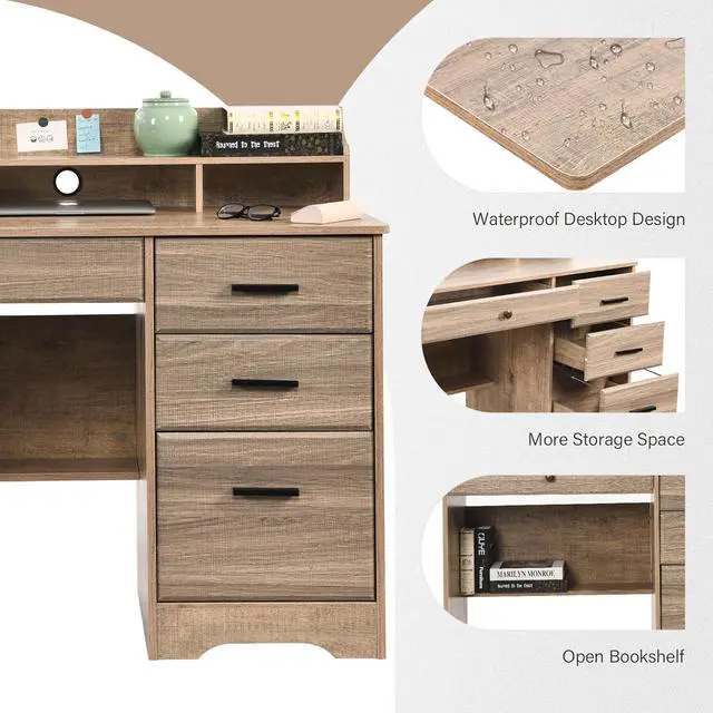 Alt view image 4 of 7 - Catrimown Computer Desk with Drawers and Hutch, Wood Executive Desks for Home Office Bedrooms Desk Student Teen Writing Laptop Table, Small Desk with File Drawer for Small Places, Grey