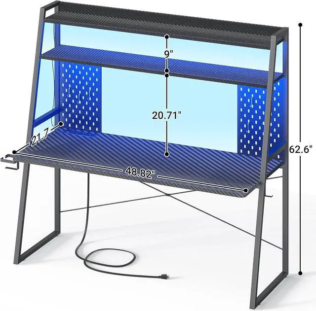 Alt view image 2 of 7 - Gaming Desk with Hutch and LED Lights, Gaming Computer Desk with Power Outlets, Gamer Desk with Storage Shelves, PC Gaming Desk with Pegboards, for Bedroom, Carbon Fiber Black, 49"