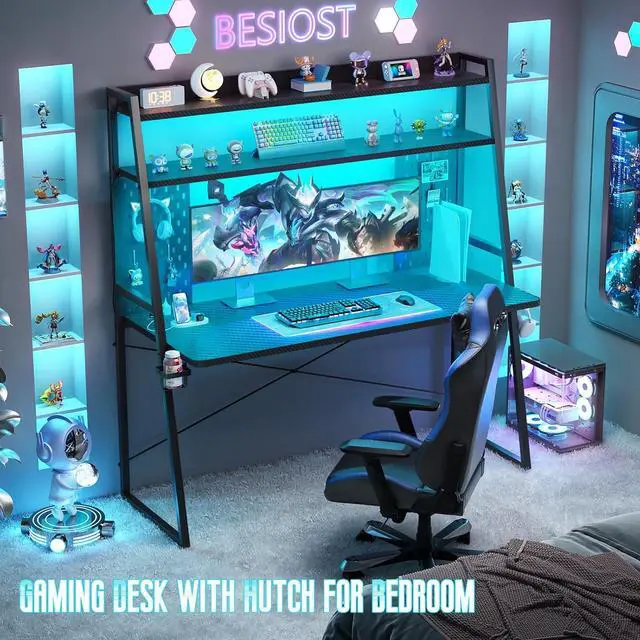 Alt view image 3 of 7 - Gaming Desk with Hutch and LED Lights, Gaming Computer Desk with Power Outlets, Gamer Desk with Storage Shelves, PC Gaming Desk with Pegboards, for Bedroom, Carbon Fiber Black, 49"