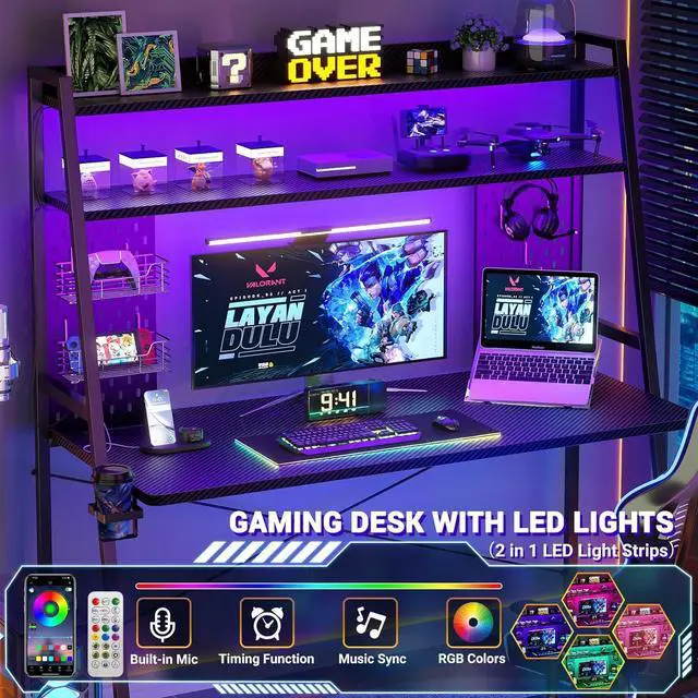 Alt view image 4 of 7 - Gaming Desk with Hutch and LED Lights, Gaming Computer Desk with Power Outlets, Gamer Desk with Storage Shelves, PC Gaming Desk with Pegboards, for Bedroom, Carbon Fiber Black, 49"
