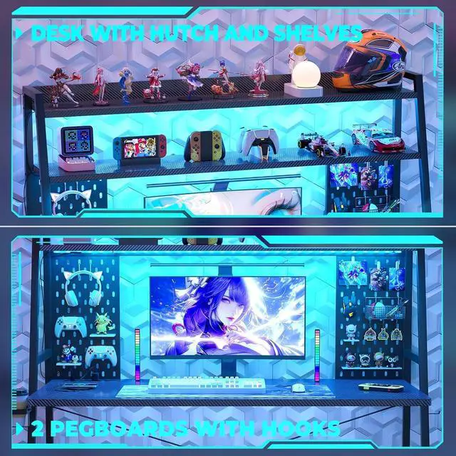 Alt view image 5 of 7 - Gaming Desk with Hutch and LED Lights, Gaming Computer Desk with Power Outlets, Gamer Desk with Storage Shelves, PC Gaming Desk with Pegboards, for Bedroom, Carbon Fiber Black, 49"