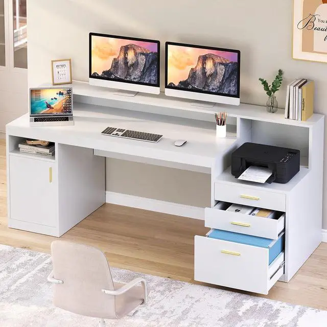 Main image of Computer Desk with 3 Drawer & Storage Shelves, Home Office Desk with File Drawer & Cabinet, Writing Study Table with Long Monitor Stand & Printer Shelf, Executive Desk, White