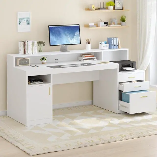 Alt view image 3 of 7 - Computer Desk with 3 Drawer & Storage Shelves, Home Office Desk with File Drawer & Cabinet, Writing Study Table with Long Monitor Stand & Printer Shelf, Executive Desk, White