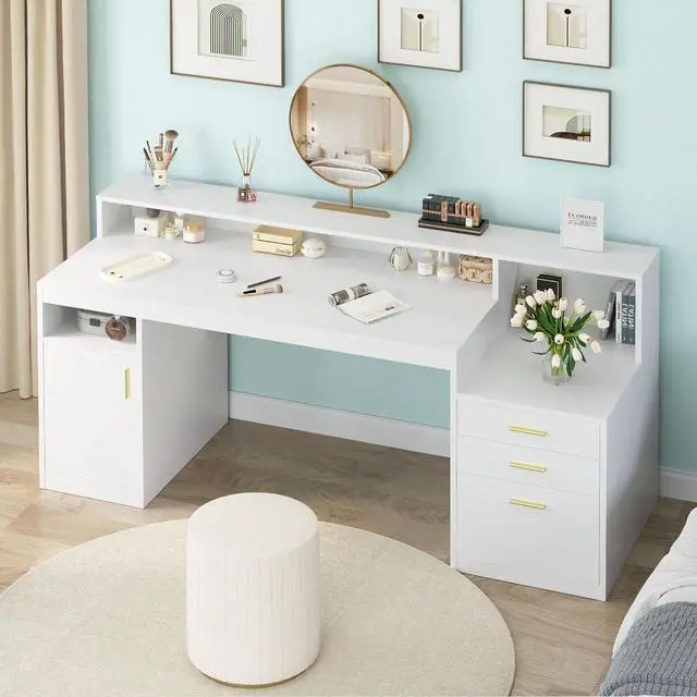 Alt view image 7 of 7 - Computer Desk with 3 Drawer & Storage Shelves, Home Office Desk with File Drawer & Cabinet, Writing Study Table with Long Monitor Stand & Printer Shelf, Executive Desk, White