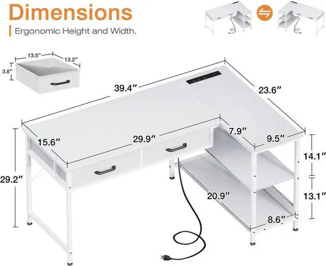 Alt view image 3 of 7 - Coleshome 40 Inch L Shaped Desk with 2 Drawers, Computer Desk with USB Ports, Office Desk with Storage Shelves, Corner Desk Home Office Desks, Small Desk for Bedroom, White