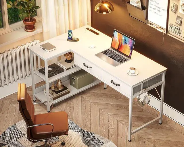 Alt view image 4 of 7 - Coleshome 40 Inch L Shaped Desk with 2 Drawers, Computer Desk with USB Ports, Office Desk with Storage Shelves, Corner Desk Home Office Desks, Small Desk for Bedroom, White