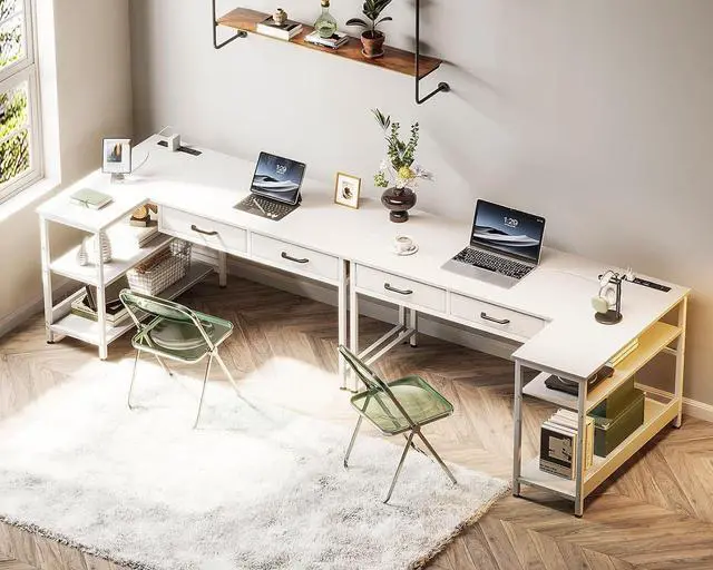 Alt view image 5 of 7 - Coleshome 40 Inch L Shaped Desk with 2 Drawers, Computer Desk with USB Ports, Office Desk with Storage Shelves, Corner Desk Home Office Desks, Small Desk for Bedroom, White