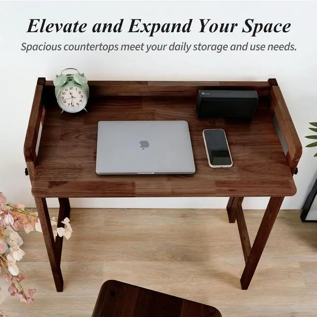 Alt view image 4 of 7 - Computer Desk, Foldable Desk, Home Office Desks, Solid Wood Writing Desk, Mid Century Modern Desks, Oak Study Table, Folding Desks for Small Spaces, 39.4 W x 27.6 H x 13.6 D Inches, Walnut