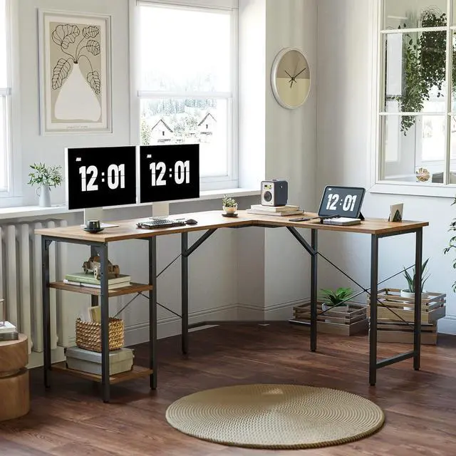 Alt view image 2 of 5 - CubiCubi L Shaped Desk, 59.1 Inch Reversible Corner Desk with Storage Shelves, Home Office Desk for Writing Gaming Study, Rustic Brown