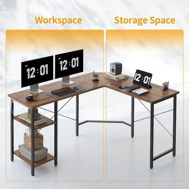 Alt view image 4 of 5 - CubiCubi L Shaped Desk, 59.1 Inch Reversible Corner Desk with Storage Shelves, Home Office Desk for Writing Gaming Study, Rustic Brown