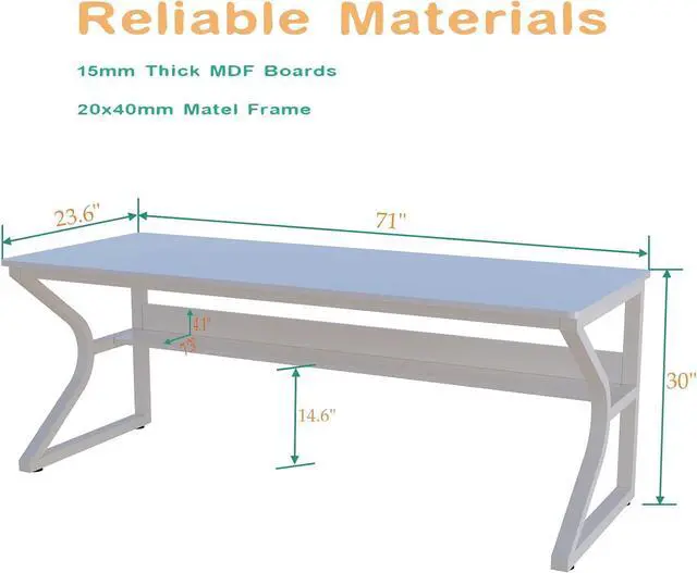 Alt view image 2 of 7 - Extra Long Desk with Bookshelf - 71" Double Long Writing Table for 2-Person Workstation, Modern Study Work Computer Desk for Home and Office, Warm White