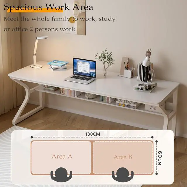 Alt view image 3 of 7 - Extra Long Desk with Bookshelf - 71" Double Long Writing Table for 2-Person Workstation, Modern Study Work Computer Desk for Home and Office, Warm White