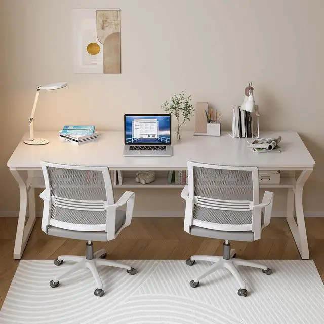 Alt view image 5 of 7 - Extra Long Desk with Bookshelf - 71" Double Long Writing Table for 2-Person Workstation, Modern Study Work Computer Desk for Home and Office, Warm White