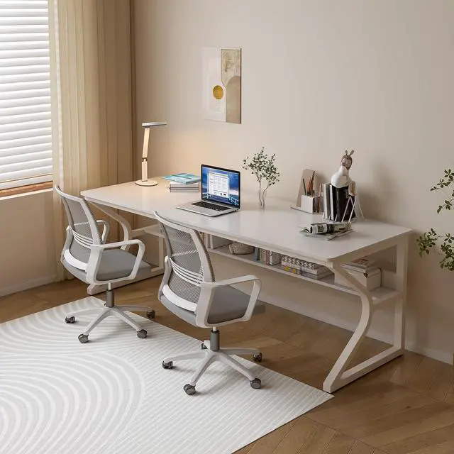 Alt view image 6 of 7 - Extra Long Desk with Bookshelf - 71" Double Long Writing Table for 2-Person Workstation, Modern Study Work Computer Desk for Home and Office, Warm White