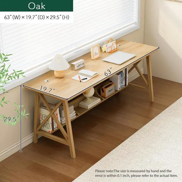 Alt view image 5 of 7 - Extra Long Desk with Bookshelf - Wooden Home Office Work Study Table, 2-Person Writing Computer Workstation with Storage Shelf in Oak, 63" Wx20 Dx30 H