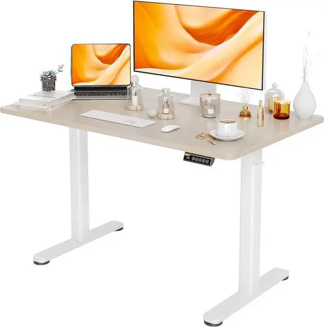Main image of Electric Standing Desk, Adjustable Height Stand up Desk, 48x24 Inches Sit Stand Home Office Desk with Splice Board, White Frame/Nature Top