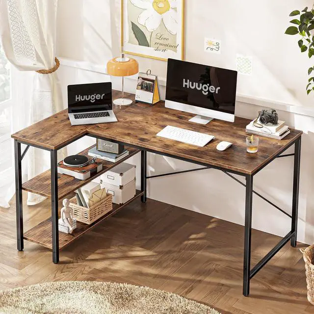 Alt view image 2 of 7 - Huuger 47 Inches L Shaped Desk, Computer Desk with Reversible Storage Shelves, Gaming Desk, Corner Desk Home Office Desks, Writing Desk Study Desk with Metal Frame, Rustic Brown