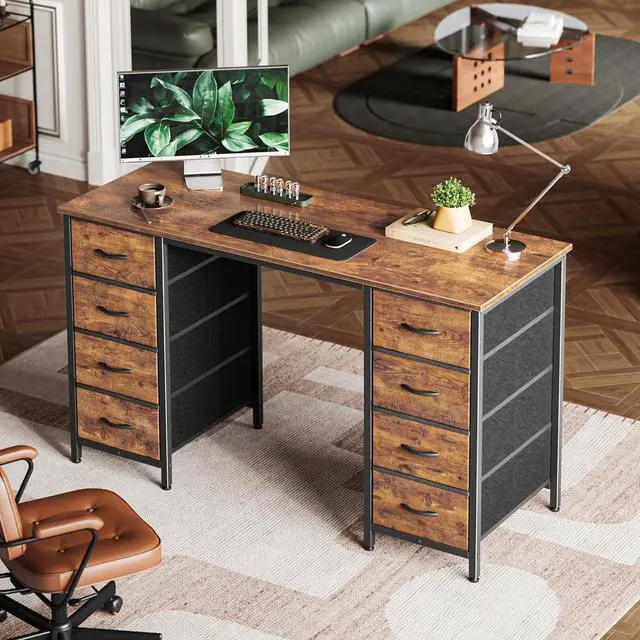 Alt view image 2 of 7 - Huuger 47 Inch Computer Desk with 8 Drawers, Office Desk Work Desk for Home Office, Study, Gaming Desk with Fabric Drawers, Large Storage, Rustic Brown
