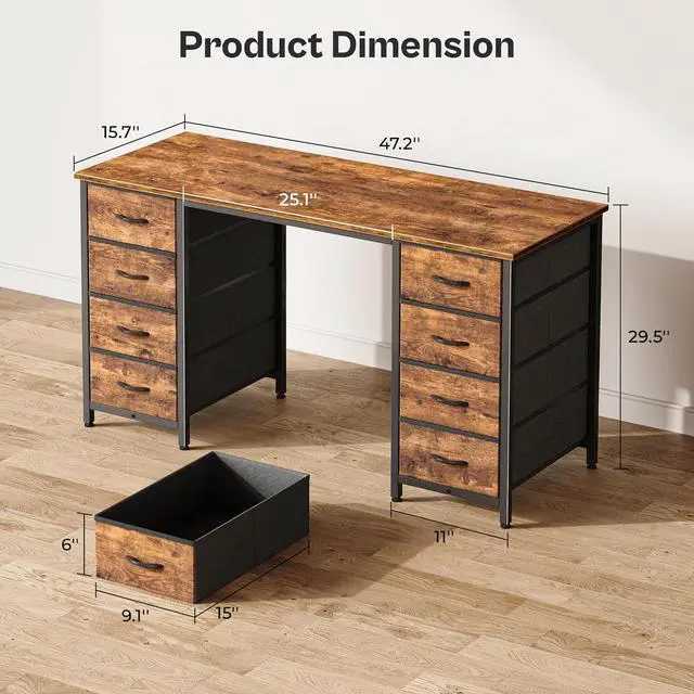 Alt view image 3 of 7 - Huuger 47 Inch Computer Desk with 8 Drawers, Office Desk Work Desk for Home Office, Study, Gaming Desk with Fabric Drawers, Large Storage, Rustic Brown