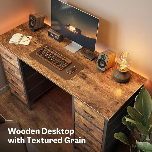 Alt view image 5 of 7 - Huuger 47 Inch Computer Desk with 8 Drawers, Office Desk Work Desk for Home Office, Study, Gaming Desk with Fabric Drawers, Large Storage, Rustic Brown