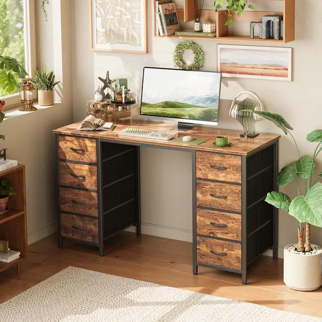 Alt view image 6 of 7 - Huuger 47 Inch Computer Desk with 8 Drawers, Office Desk Work Desk for Home Office, Study, Gaming Desk with Fabric Drawers, Large Storage, Rustic Brown