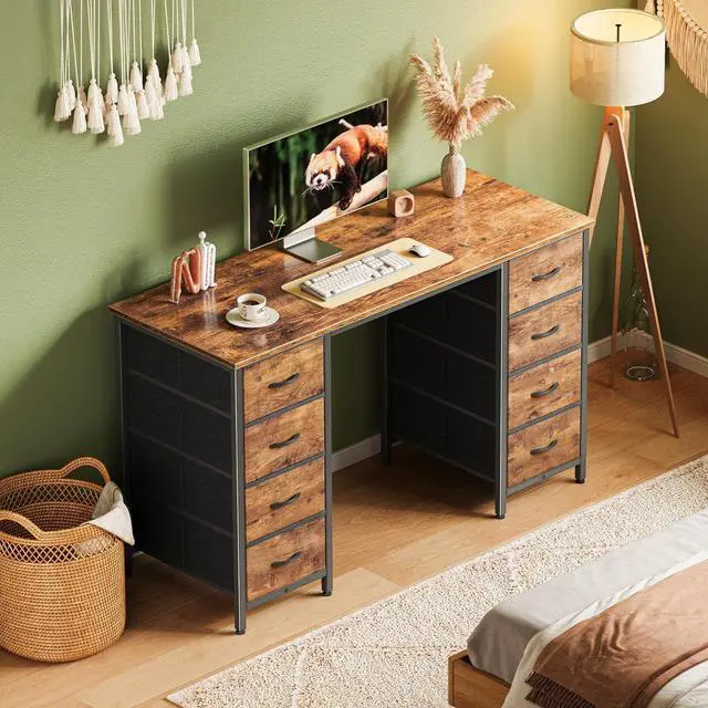 Alt view image 7 of 7 - Huuger 47 Inch Computer Desk with 8 Drawers, Office Desk Work Desk for Home Office, Study, Gaming Desk with Fabric Drawers, Large Storage, Rustic Brown