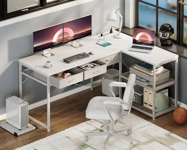 Alt view image 2 of 7 - AODK 53 Inch L Shaped Computer Desk with Drawers, Corner Desk with Power Outlets & Reversible Storage Shelves, Movable CPU Stand for Home Office Gaming, White