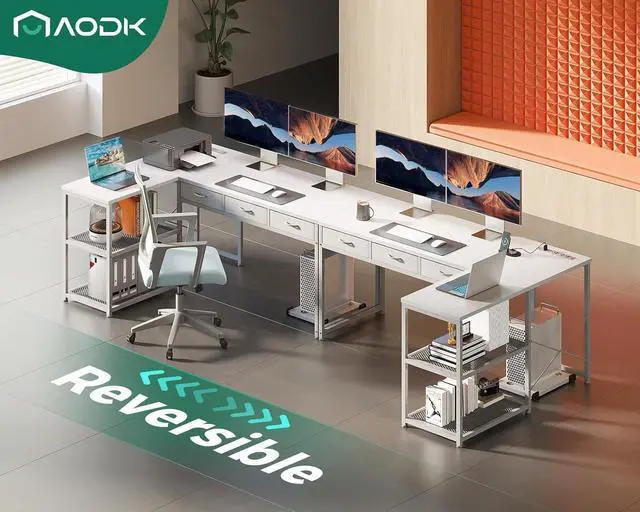 Alt view image 5 of 7 - AODK 53 Inch L Shaped Computer Desk with Drawers, Corner Desk with Power Outlets & Reversible Storage Shelves, Movable CPU Stand for Home Office Gaming, White